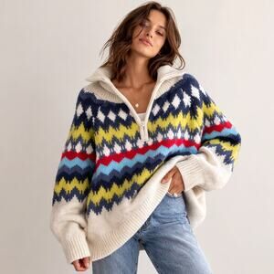 Aerie Oversized Fair Isle Half-Zip Sweater | Cozy Chunky Knit | Size S